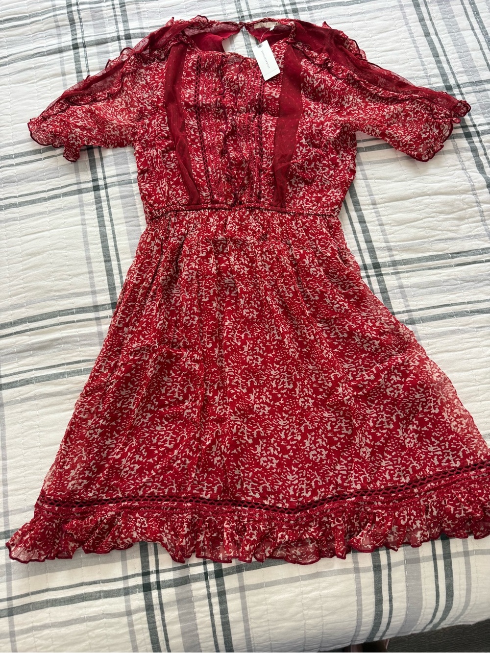 Anthropologie Red Floral Mini Dress with Ruffle Trim